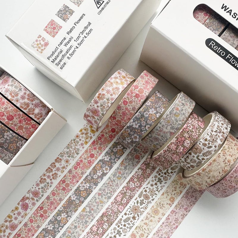 YUBX Vintage Washi Tape Set 8 Rolls Thin Retro Decorative Antique Patterns Masking Tapes for Arts, DIY Crafts, Journals, Planners, Scrapbook, Wrapping (Little Flowers) - Image 5
